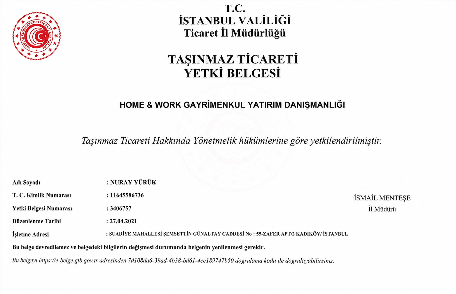 TAŞINMAZ TİCARETİ YETKİ BELGESİ